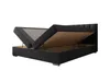 A black upholstered bed frame with its storage compartments open, revealing the interior. Produktbild-Vorschau