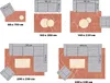 Various rug and furniture arrangements with dimensions. Produktbild-Vorschau
