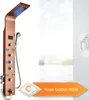 A rose gold shower panel with LED lights and multiple spray settings is displayed against a bright, slightly blurred background of a snowy landscape. Podgląd zdjęcia produktu
