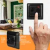 A split image showing a living room on the left and a close-up of a thermostat being operated on the right, with descriptive text overlays. Anteprima dell’immagine prodotto