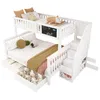 A white wooden bunk bed with a slide and storage drawers, decorated with stuffed animals and pillows. Produktbild-Vorschau
