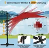 An outdoor scene with a red cantilever umbrella shown in various positions and angles, with diagrams illustrating its features. Náhled obrázku produktu