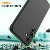 A black phone case is shown at an angle, with a green outline indicating drop protection. The background is blurred and shows a textured surface with debris, suggesting a fall. Produktbild-Vorschau