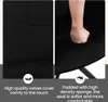 A split image showing a close-up of a black velvet chair cushion being pressed by a hand on the right, and the side of the chair on the left. Text overlays describe the material and comfort. Produktbild-Vorschau