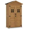 A wooden garden shed with two doors and two small windows. Produktbild-Vorschau