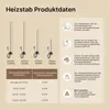 Product data sheet for a heating element, showing different sizes and installation instructions. Produktbild-Vorschau