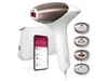 A Philips Lumea Prestige IPL hair removal device with its accessories and a smartphone displaying an app. Produktbild-Vorschau