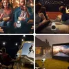 Collage of four scenes showing a projector being used in different settings: indoor movie night, outdoor movie night, and backyard projection. Podgląd zdjęcia produktu