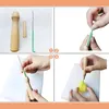 A collage of four images demonstrating how to use a felting tool. Produktbild-Vorschau