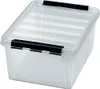 A clear, well-lit studio shot of a transparent storage box with black clasps. Anteprima dell’immagine prodotto