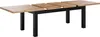 A wooden extendable dining table with black metal legs, shown from a side angle against a white background. Produktbild-Vorschau