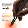 A hand holding a stylus pen, with text and diagrams explaining its features. Produktbild-Vorschau