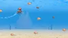 A cartoon dog character swims underwater with fish and blocks. Produktbild-Vorschau
