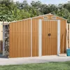 A wooden-look metal shed with an attached wood storage area, set up in a backyard with a fence and trees in the background. Náhled obrázku produktu