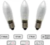 Three clear, candle-shaped light bulbs with screw bases are displayed against a white background. Below the bulbs are several informational icons and text labels. Produktbild-Vorschau