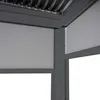 A close-up view of the corner of a pergola structure, showing the metal frame and a rolled-up side screen. Produktbild-Vorschau