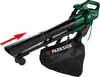 A green and black electric leaf blower with a collection bag attached, shown against a white background. Produktbild-Vorschau