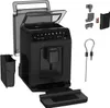 A black automatic espresso and cappuccino machine with various accessories displayed around it. Voir les images du produit