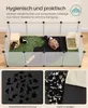 A small animal enclosure with guinea pigs, grass, and accessories, shown with close-ups of the waterproof base. Produktbild-Vorschau
