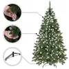 A decorated artificial Christmas tree with close-up insets showing details of its branches, snow, and pinecones, and a separate inset of the tree stand. Voir les images du produit