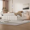 A modern bedroom with a beige upholstered bed as the focal point. Produktbild-Vorschau