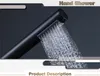 A black hand shower head spraying water, with text overlays. Anteprima dell’immagine prodotto
