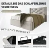 A bed with a headboard and bedding, with three detail shots below. Produktbild-Vorschau