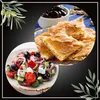 A collage of Greek food items, including a salad and a pastry, with decorative olive branches. Produktbild-Vorschau