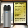 A water heater unit is shown next to a yellow information panel displaying performance data. Produktbild-Vorschau
