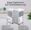 Two white dehumidifiers are shown side-by-side, with text overlays highlighting their features. Produktbild-Vorschau