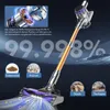 A cordless vacuum cleaner is shown with marketing text and graphics highlighting its HEPA filter system and cleaning capabilities. Produktbild-Vorschau