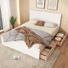A bedroom scene featuring a white wooden bed with storage drawers, bedding, and a throw blanket. Produktbild-Vorschau