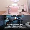 A split image showing two different gaming desk setups. The top half shows a white L-shaped desk with a computer and pink LED lighting. The bottom half shows a black desk with a gaming chair and blue LED lighting, along with text overlays. Náhled obrázku produktu