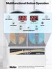 Close-up of the control panel and upper part of a dual-tank slush machine, with text overlays explaining button functions. Produktbild-Vorschau