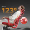A person is reclining in a red office chair, demonstrating its adjustability. Produktbild-Vorschau