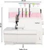 A white overlock sewing machine with pink accents, shown from the side. Dimensions are indicated with measurement lines and text. Produktbild-Vorschau