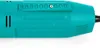 A close-up view of the teal-colored body of an electric rotary cutter, showing ventilation slots and a screw-fastened panel with embossed circles. Produktbild-Vorschau