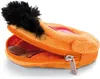 A plush coin purse with a zipper is shown open, revealing coins inside. It has a black fuzzy tuft at one end and pink detailing. Anteprima dell’immagine prodotto