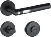 A set of black door handles, including a lever handle and two circular rosettes, displayed against a white background. Produktbild-Vorschau