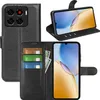 A collage of images showing a black leather wallet-style phone case for a ZTE Blade A56, with the phone inserted and open, and also closed. Produktbild-Vorschau