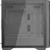 The image shows the interior of a black computer case with a glass side panel. Produktbild-Vorschau