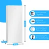 A white refrigerator with product feature callouts and dimensions. Produktbild-Vorschau