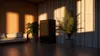 A grow tent is placed in a room with plants and furniture, illuminated by warm sunlight. Produktbild-Vorschau