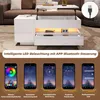 A white coffee table with a lift-top and drawers, featuring integrated LED lighting, is shown in a living room setting. Below the table, several smartphone screens display app interfaces for controlling the LED lights. Anteprima dell’immagine prodotto