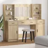 A vanity table with a mirror and stool, decorated with various cosmetic products and accessories. Náhled obrázku produktu