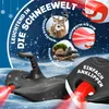 A black sled with red LED lights in the snow, surrounded by marketing text and graphics. Produktbild-Vorschau