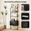 A tall, black ladder shelf with two drawers is shown in a room with a couch and a plant. Insets highlight product features. Podgląd zdjęcia produktu
