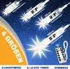 A dark blue starry night sky with several illuminated white star-shaped lights of varying sizes, along with a remote control and text overlays describing features. Produktbild-Vorschau