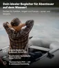 A person relaxing in an inflatable boat on the water, with text overlays describing the product's features. Voir les images du produit