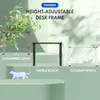 A collage featuring three different color variations of a height-adjustable desk frame against a light green and white background with some foliage. Anteprima dell’immagine prodotto